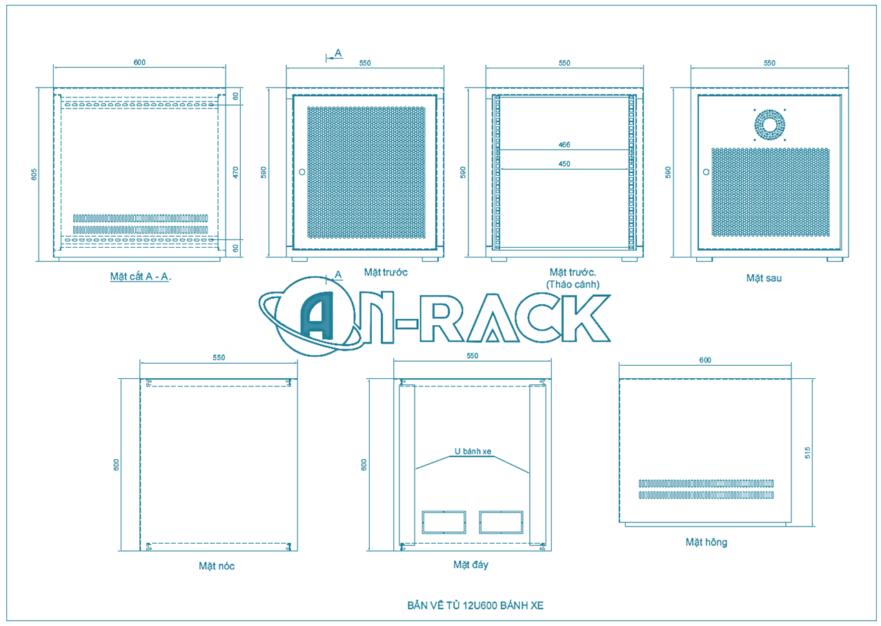 Tủ Mạng, Tủ Rack 12U sâu 600 màu GHI hiệu AnRack, mã AR-1260XF-IN
